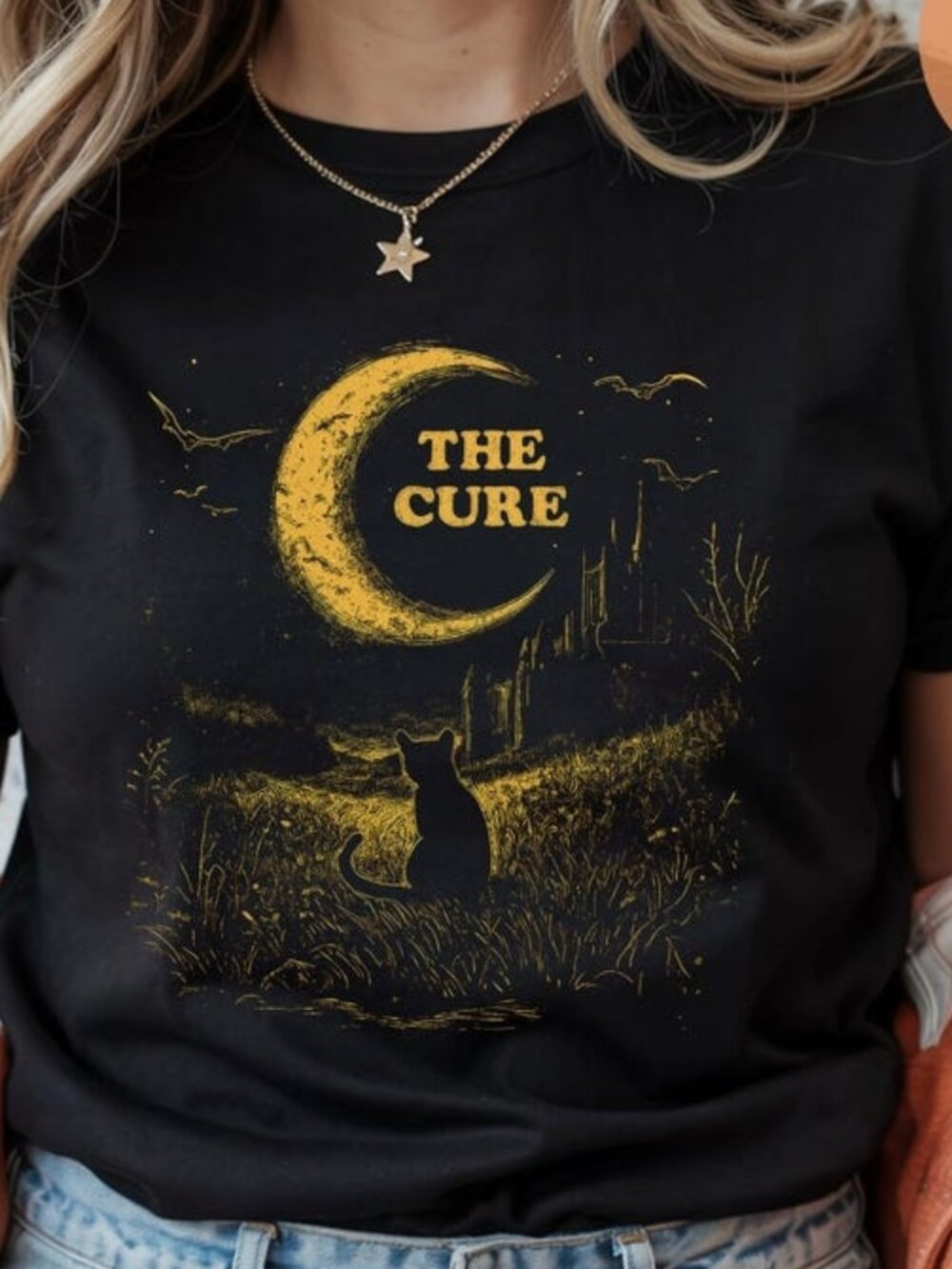 Gothic Black Cat Moon T-shirt, Dark Aesthetic Cat Tee